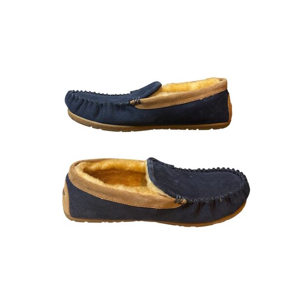 L.L.Bean Wicked Good Venetian Slippers Mens Sz 11 Navy/Saddle Suede Fur Moccasin main image 5